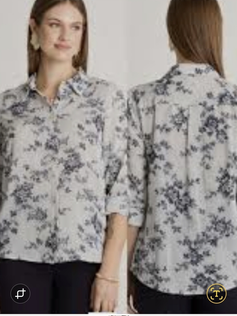 Button-Up Floral Print Long Sleeve Top - White & Dark Blue
